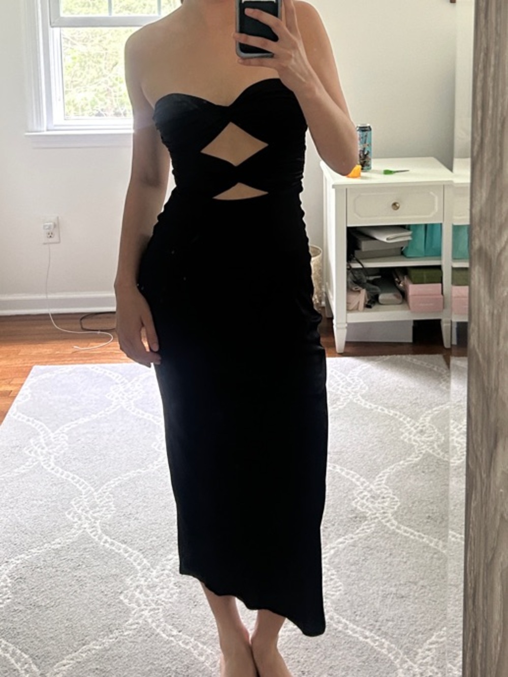 RUNAWAY Satin Strapless Black Cutout Midi/maxi Dress